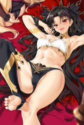 2girls adjusting_clothes armpits arms_up ass barefoot bed_sheet bikini black_bikini black_bow black_hair black_legwear blonde_hair blurry blush bow breasts cle_masahiro collar depth_of_field earrings ereshkigal_(fate) fate/grand_order fate_(series) feet foot_focus foreshortening hair_bow highres hoop_earrings ishtar_(fate) jewelry long_sleeves looking_at_viewer lying mismatched_bikini multiple_girls navel on_back open_mouth parted_bangs red_eyes siblings single_thighhigh sisters small_breasts smile soles solo_focus stirrup_legwear stomach swimsuit teeth thighhighs toeless_legwear toes two_side_up upper_teeth_only white_bikini rating:Sensitive score:123 user:danbooru