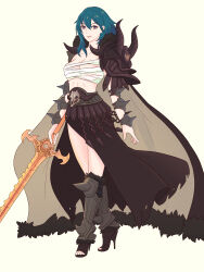  1girl absurdres alternate_costume aqua_hair armor bandaged_chest black_footwear black_skirt breasts brown_cape brown_eyes byleth_(female)_(fire_emblem) byleth_(fire_emblem) cape chest_sarashi closed_mouth collarbone commentary cosplay english_commentary eyelashes fire_emblem fire_emblem:_three_houses full_body fur-trimmed_cape fur_trim graves high_heels highres holding holding_sword holding_weapon large_breasts long_hair long_skirt nemesis_(fire_emblem) nemesis_(fire_emblem)_(cosplay) nintendo sarashi shoulder_armor simple_background skirt smile solo spikes standing sword toeless_footwear toes torn_clothes torn_skirt truejekart two-sided_cape two-sided_fabric weapon white_background 