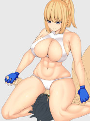  1boy 1girl abs blonde_hair breasts cameltoe covered_erect_nipples fate/grand_order fate_(series) femdom grey_background jeanne_d&#039;arc_(fate) large_breasts mixed-sex_combat muscular muscular_female paid_reward_available sadism simple_background sitting sitting_on_face sitting_on_person struggling tetsunohiji unfinished wrestling  rating:Questionable score:61 user:danbooru