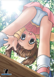  1girl bent_over blush brown_hair copyright_request from_above loli looking_at_viewer looking_through_own_legs lowres miniskirt outdoors panties short_twintails skirt smile socks solo source_request tree twintails underwear upskirt white_panties white_socks  rating:Questionable score:28 user:nomad2000