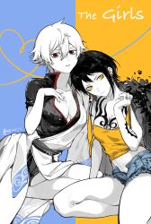 2girls arm_tattoo black_hair blue_background blush breast_tattoo breasts cape cleavage closed_mouth collarbone commentary_request crossover dated denim denim_shorts earrings english_text finger_tattoo fur_cape genderswap genderswap_(mtf) gintama hair_between_eyes hand_tattoo heart heart_of_string highres japanese_clothes jewelry kimono looking_at_viewer medium_breasts multiple_girls one_piece open_fly parted_lips sakata_gintoki shirt short_hair short_sleeves shorts shoulder_tattoo sitting tank_top tattoo thighs trafalgar_law two-tone_background white_hair white_kimono xuchuan yellow_background yellow_tank_top yokozuwari