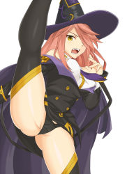  1girl angry arc_system_works ass bare_shoulders black_panties blazblue breasts cloak esuto fangs hair_over_one_eye hat highres kicking konoe_a._mercury long_hair necktie open_mouth panties pantyshot skirt thighhighs underwear upskirt witch_hat yellow_eyes  rating:Questionable score:53 user:armorcrystal