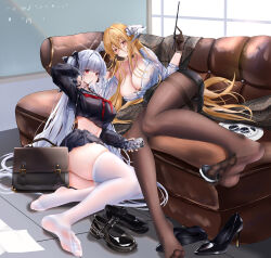  2girls absurdres azur_lane between_toes blonde_hair boise_(azur_lane) boise_(muse)_(azur_lane) breasts chain chain_necklace cookie couch feet food formidable_(azur_lane) formidable_(muse)_(azur_lane) formidable_(the_lover&#039;s_heart_flutters_on_duty)_(azur_lane) glasses grey_hair highres huge_breasts implacable_(azur_lane) iue_(artist) kongou_(azur_lane) kongou_(muse)_(azur_lane) large_breasts le_temeraire_(azur_lane) le_temeraire_(muse)_(azur_lane) light_blush long_hair looking_at_viewer mary_janes multiple_girls necklace noshiro_(azur_lane) noshiro_(muse)_(azur_lane) panties pantyhose pantyshot prinz_eugen_(azur_lane) prinz_eugen_(muse)_(azur_lane) red_eyes school_uniform see-through see-through_legwear serafuku shoes soles thighhighs toes twintails underwear unworn_shoes wand white_thighhighs 