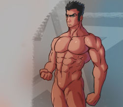  1boy abs bara black_hair completely_nude eyebrows featureless_crotch flexing looking_at_viewer muscular muscular_male navel no_genitals no_nipples no_penis nude pectorals pectorals silverlustt standing  rating:Questionable score:2 user:CuauhtemocI5MAL