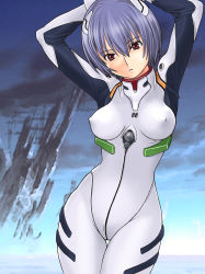  1girl armpits arms_behind_head arms_up ayanami_rei blue_background blue_hair bodysuit breasts covered_erect_nipples cowboy_shot expressionless hair_between_eyes highres interface_headset neon_genesis_evangelion non-web_source plugsuit red_eyes senbata-rou short_hair solo standing thigh_gap white_bodysuit 