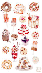  artist_name blackberry_(fruit) cake cherry chocolate_chip_cookie cinnamon_roll cinnamon_stick commentary cookie cupcake dessert doughnut dripping english_commentary food food_focus fruit ice_cream icing lovesoup no_humans original painting_(medium) pancake pancake_stack pecan plate popsicle popsicle_stick simple_background sprinkles strawberry strawberry_slice sundae syrup traditional_media watercolor_(medium) white_background 