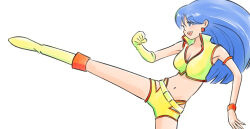  1girl armlet bare_shoulders blue_eyes blue_hair boots bracelet breasts cleavage clenched_hand crop_top dirty_pair earrings elbow_gloves fighting_stance flexing gloves halhal360 jewelry knee_boots long_hair looking_to_the_side medium_breasts midriff navel open_mouth shorts simple_background single_elbow_glove solo standing standing_on_one_leg tank_top teeth upper_teeth_only white_background yellow_footwear yellow_gloves yellow_shorts yellow_tank_top yuri_(dirty_pair) 