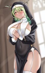 1girl antlers black_dress black_panties blush breast_curtains breasts ceres_fauna church cleavage cleavage_cutout clothing_cutout covered_erect_nipples covered_navel cross dress flower garter_straps green_hair habit hair_flower hair_ornament highres hololive hololive_english horns large_breasts latin_cross long_hair long_sleeves looking_at_viewer mole mole_under_eye navel nipples nun panties pelvic_curtain praying robe smile solo thighhighs underwear veil virtual_youtuber white_thighhighs yellow_eyes yobi_(ybpac18) rating:Questionable score:39 user:danbooru