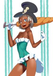  1girl blue_eyes breasts covered_navel curry_(dbt) dark_skin dark-skinned_female fang female_focus gloves green_leotard hat leotard looking_at_viewer open_mouth pointy_ears short_hair silver_hair small_breasts solo umbrella  rating:Sensitive score:10 user:xerin