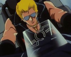  1980s_(style) 1boy animated animated_gif blonde_hair jewelry lowres m.d._geist male_focus md_geist mds-02_geist motor_vehicle motorcycle muscular necklace ohata_koichi oldschool pendant retro_artstyle riding short_hair solo sunglasses vehicle 