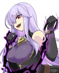  1girl alternate_costume breasts corruption dark_persona facial_mark fire_emblem fire_emblem:_genealogy_of_the_holy_war forehead_mark julia_(fire_emblem) large_breasts long_hair looking_at_viewer mind_control nintendo purple_hair red_eyes simple_background solo upper_body yukia_(firstaid0) 