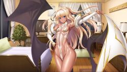  1girl aoi_nagisa_(metalder) bare_legs bed bedroom blonde_hair blue_eyes blush breasts cameltoe capelet curvy dark-skinned_female dark_skin fake_wings fingernails futaba_lili_ramses hair_ribbon hand_on_own_hip hands_on_own_hips highleg highleg_leotard highres leotard lilith-soft long_hair looking_at_viewer magical_girl revealing_clothes ribbon screencap see-through see-through_leotard small_breasts standing taimanin_(series) taimanin_rpgx tentacle_and_witches thong_leotard twintails wide_hips wings 