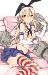  10s 1girl aftersex bad_id bad_pixiv_id blonde_hair blush breasts cum cum_in_pussy elbow_gloves gloves hairband kantai_collection long_hair looking_at_viewer navel nipples personification pillow rensouhou-chan shimakaze_(kancolle) skirt small_breasts solo striped_clothes striped_thighhighs thighhighs torn_clothes white_gloves yu_yu  rating:Explicit score:37 user:danbooru