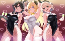  3girls alternate_costume animal_ears arm_behind_back arms_behind_head bare_shoulders black_bow black_bowtie black_hair black_leotard blonde_hair bow bowtie breasts cleavage commentary_request covered_navel cowboy_shot cup curio_(curiofinity) detached_collar drinking_glass earrings fake_animal_ears fake_tail fishnet_pantyhose fishnet_thighhighs fishnets gluteal_fold gradient_background green_eyes grin highleg highleg_leotard highres holding holding_tray hololive horns indie_virtual_youtuber jewelry large_breasts leotard long_hair looking_at_viewer medium_breasts multicolored_background multiple_girls oozora_subaru pantyhose partial_commentary playboy_bunny purple_eyes rabbit_ears rabbit_tail sheep_ears sheep_girl sheep_horns shigure_ui_(vtuber) short_hair smile standing strapless strapless_leotard swept_bangs tail thighhighs traditional_bowtie tray tsunomaki_watame virtual_youtuber white_leotard white_thighhighs wrist_cuffs yellow_bow yellow_bowtie 