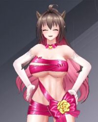  1girl 3d action_taimanin alternate_costume animated breasts brown_hair curvy elbow_gloves gloves horns large_breasts lilith-soft long_hair multicolored_hair naked_ribbon official_alternate_costume pink_eyes pink_hair pointy_ears ribbon rina_(taimanin_asagi) screencap simple_background smile solo sound standing taimanin_(series) talking very_long_hair video wide_hips 