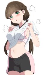  1girl absurdres blush bra breasts brown_hair commentary green_eyes highres lifted_by_self long_hair looking_at_viewer love_live! love_live!_superstar!! low_twintails medium_breasts sakurakoji_kinako shirosaki_(nanokait) solo twintails underwear white_background white_bra 