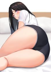 1girl :o absurdres anti_(0324) ass ass_focus bare_legs bed bed_sheet black_hair black_shorts blurry blurry_background blush commentary english_commentary from_behind highres long_hair looking_at_viewer looking_back lying mole mole_under_mouth on_bed on_side original parted_lips pillow pink_eyes shirt short_shorts short_sleeves shorts solo thighs white_shirt rating:Questionable score:102 user:danbooru