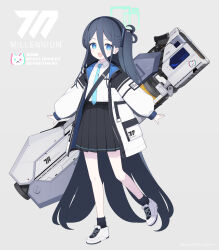  1girl absurdly_long_hair absurdres aris_(blue_archive) bell_(oppore_coppore) black_hair black_hairband black_skirt black_socks blue_archive blue_eyes blue_necktie collared_shirt full_body green_halo grey_background hairband halo highres jacket long_hair long_sleeves looking_at_viewer necktie one_side_up open_clothes open_jacket open_mouth pleated_skirt ringed_eyes shirt shoes simple_background skirt smile socks solo very_long_hair white_footwear white_jacket white_shirt 