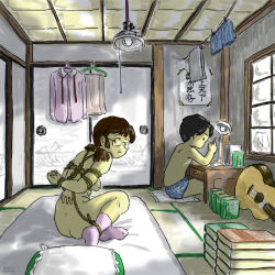 1boy 1girl arms_behind_back ass bdsm bed blush bondage bound breasts desk from_behind futon gin-nasu-en glasses guitar hetero highres instrument loli looking_back nude restrained rope shibari shota small_breasts socks writing rating:Questionable score:71 user:deviantor