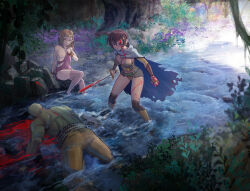  1boy 2girls armor bleeding blood blood_on_face bloody_weapon breasts cape corpse death dress elf fantasy holding holding_sword holding_weapon large_breasts multiple_girls nature nipples orc original outdoors pointy_ears sitting small_breasts stream sword thighhighs torn_clothes torn_dress water weapon yugen99 