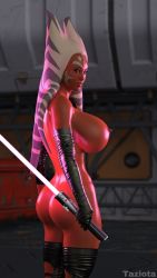  1girl 3d alien ass black_footwear black_gloves blurry blurry_background boots breasts clone_wars colored_skin cowboy_shot elbow_gloves energy_sword functionally_nude gloves highres huge_breasts indoors lightsaber looking_away looking_to_the_side nipples nude red_skin shiny_skin sideboob solo standing star_wars star_wars:_the_clone_wars sword taziota_(artist) thigh_boots thighhighs togruta weapon  rating:Explicit score:12 user:qwertyyy33