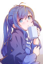  1girl antenna_hair blue_eyes blue_hair commentary_request cup gradient_background hair_between_eyes holding holding_cup imaichi_moenai_ko kobe_shinbun long_hair long_sleeves looking_at_viewer mug school_uniform sidelocks simple_background solo tomamatto twintails 