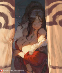 1girl bare_shoulders black_hair blue_eyes breasts cleavage collarbone cutesexyrobutts forehead fur_trim highres jewelry large_breasts long_hair looking_at_viewer navel neck_ring necklace off_shoulder original pendant ponytail red_robe robe sidelocks solo rating:Sensitive score:108 user:danbooru