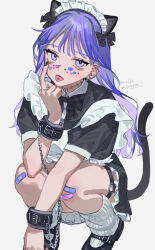  1girl absurdres akanbe animal_ear_hairband animal_ears apron bandaid bandaid_on_knee bandaid_on_leg black_bow black_bowtie black_dress black_footwear black_nails bow bowtie cat_ear_hairband cat_ears cat_tail chain collared_dress cuffs dress ear_piercing earrings eyelid_pull fake_animal_ears fake_tail frilled_dress frills full_body hairband heart_on_cheek highres jewelry long_hair looking_at_viewer loose_socks maid maid_apron maid_headdress nail_polish original piercing purple_eyes purple_hair revision simple_background socks solo squatting tail temu_(tem27) thigh_strap tongue tongue_out tongue_piercing twitter_username white_apron white_background white_socks 