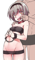 1boy 1girl bandeau bdsm bondage bound breasts cleavage collar covered_erect_nipples cowboy_shot cuffs eyelashes finger_in_another&#039;s_mouth hairband hand_on_another&#039;s_shoulder jashin-chan_dropkick konnyaku_(kk-monmon) looking_back mouth_pull open_mouth pekora_(jashin-chan_dropkick) shackles short_hair simple_background size_difference slave small_breasts solo_focus standing tongue tongue_out white_background wide-eyed rating:Questionable score:84 user:creck