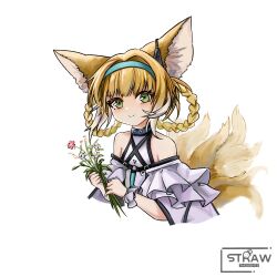  1girl animal_ears aqua_hairband arknights artist_logo artist_name bare_shoulders blonde_hair braid braided_hair_rings chinese_commentary closed_mouth commentary_request cropped_torso flower frills green_eyes hair_intakes hairband highres holding holding_flower looking_at_viewer multiple_tails off_shoulder pink_flower short_hair simple_background smile solo split_mouth straw_thoughts_(daocao) suzuran_(arknights) tail twin_braids white_background white_flower yellow_tail 