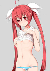 10s 1girl ahoge bad_id bad_pixiv_id bare_arms bare_shoulders blush breasts closed_mouth cowboy_shot date_a_live fedsnk gluteal_fold grey_background hair_ribbon hands_on_own_chest highres itsuka_kotori lifting_own_clothes long_hair looking_at_viewer lowleg lowleg_panties navel panties red_eyes red_hair ribbon simple_background small_breasts smile solo stomach striped_clothes striped_panties tank_top teasing twintails underboob underwear very_long_hair white_ribbon rating:Questionable score:45 user:danbooru