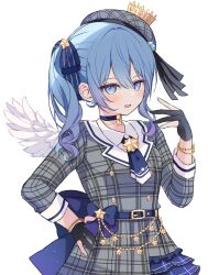  1girl angel_wings back_bow belt beret black_gloves blue_belt blue_bow blue_choker blue_eyes blue_hair blush bow bracelet choker commentary_request crown earrings feathered_wings gloves grey_hat grey_jacket grey_skirt hair_between_eyes hair_bow hand_on_own_hip hand_up hat highres hololive hoshimachi_suisei hoshimachi_suisei_(1st_costume) jacket jewelry kohaku_(csacu) layered_skirt long_sleeves looking_at_viewer medium_hair mini_crown open_mouth partially_fingerless_gloves plaid plaid_headwear plaid_jacket plaid_skirt pleated_skirt shirt side_ponytail simple_background single_wing skirt smile solo star_(symbol) star_earrings star_in_eye symbol_in_eye virtual_youtuber white_background white_shirt white_wings wings 