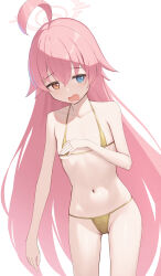  1girl afe. bikini blue_archive blue_eyes breasts collarbone commentary_request gold_bikini halo heterochromia highres hoshino_(blue_archive) loli long_hair micro_bikini navel open_mouth pink_hair pink_halo simple_background small_breasts solo standing swimsuit thighs very_long_hair white_background yellow_eyes 