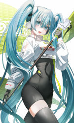  1girl :d black_bodysuit black_gloves black_thighhighs blue_eyes blue_hair bodysuit breasts clothes_writing covered_navel cowboy_shot crop_top flag gloves hatsune_miku headgear highres holding holding_flag liso long_hair looking_at_viewer open_mouth racing_miku racing_miku_(2022) simple_background single_thighhigh skindentation small_breasts smile solo thighhighs twintails very_long_hair vocaloid white_background  rating:Sensitive score:10 user:danbooru