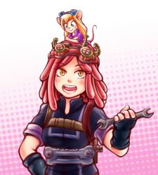  10s 2girls animal_ears blonde_hair blue_eyes boku_no_hero_academia chip_&#039;n_dale_rescue_rangers crossover disney gadget_hackwrench goggles goggles_on_head hatsume_mei highres mini_person minigirl mouse_ears mouse_girl mouse_tail multiple_girls octoppoi open_mouth pink_hair smile tail trait_connection wrench yellow_eyes  rating:Sensitive score:22 user:donkebap