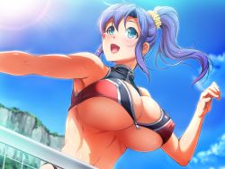  1girl ajishio bare_shoulders beach_volleyball bikini blue_eyes blue_hair blue_sky breasts cleavage cloud covered_erect_nipples day game_cg hair_between_eyes huge_breasts long_hair looking_up muscular muscular_female open_mouth outdoors playing_sports ponytail sakogawa_yuuki sky smile solo standing sunlight sweat swimsuit underboob venus_resort_kyonyuu_rankou_island volleyball volleyball_net zipper  rating:Questionable score:33 user:lol31