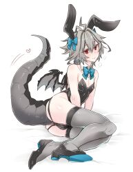 1boy ahoge animal_ears black_leotard blue_bow blush bow breasts bulge cleavage closed_mouth collar colored_shoe_soles covered_erect_nipples detached_collar dragon_boy dragon_tail dragon_wings fake_animal_ears fate/apocrypha fate_(series) grey_hair grey_tail grey_thighhighs hair_between_eyes hair_bow hair_intakes haoro heart highres large_tail leotard mini_wings rabbit_ears red_eyes short_hair sieg_(fate) strapless strapless_leotard sweatdrop tail thighhighs trap white_background white_collar wings