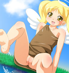 1girl :d angel barefoot blonde_hair bottomless cleft_of_venus collarbone dress dutch_angle eyebrows fat_mons feet female_focus flat_chest grass halo happy loli no_panties open_mouth poet_(pop&#039;n_music) pop&#039;n_music pussy sana_(kerarino) sitting smile soles solo twintails uncensored water wet wings yellow_eyes rating:Explicit score:49 user:Domestic_Importer