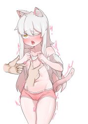  1boy 1girl absurdres animal_ear_fluff animal_ears blush breasts brown_eyes cat_ears cat_girl cat_tail clothes_lift disembodied_limb gluteal_fold groin highres komi_(trickcal) lactation lifted_by_self loli long_hair navel nipple_stimulation nipple_tweak nipples off_shoulder one_eye_closed open_mouth orgasm pink_shorts poking_nipple pussy_juice samus123 shirt shirt_lift short_shorts short_sleeves shorts small_breasts stomach tail thighs tongue tongue_out trembling trickcal white_hair white_shirt 