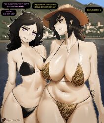  2girls absurdres ashley_graves bare_shoulders bikini black_hair breasts cathriell english_text highres large_breasts looking_at_another mature_female medium_breasts meme mom_and_her_daughter_(meme) mother_(the_coffin_of_andy_and_leyley) mother_and_daughter multiple_girls navel pink_eyes plump smug speech_bubble swimsuit the_coffin_of_andy_and_leyley yellow_eyes 