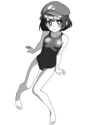  1girl alternate_costume barefoot blush breasts bright_pupils cabbie_hat closed_mouth commentary_request dark_haired_kappa full_body greyscale hat kappa_mob_(touhou) looking_at_viewer medium_bangs monochrome one-piece_swimsuit onkn_sxkn short_hair simple_background small_breasts smile solo swimsuit touhou white_background 