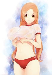  1girl 57_(lme_piggy117) bleach breasts buruma clothes_lift covered_erect_nipples gym_uniform huge_breasts inoue_orihime long_hair looking_at_viewer midriff navel orange_hair shirt_lift smile solo wet yellow_eyes  rating:Questionable score:96 user:snasy