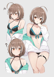  1girl ahoge alternate_costume alternate_hair_length alternate_hairstyle bikini black_bikini black_choker black_hair blush breasts brown_eyes brown_hair choker cleavage closed_mouth commentary frilled_bikini frills gluteal_fold grey_background heart_o-ring highres hololive hololive_english jacket looking_at_viewer looking_to_the_side medium_breasts multicolored_hair multiple_views nanashi_mumei navel o-ring o-ring_thigh_strap off_shoulder open_mouth partially_unzipped shuuzo3 simple_background squiggle streaked_hair swimsuit thigh_strap thighs virtual_youtuber white_hair white_jacket 
