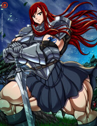  1girl absurdres armor erza_scarlet fairy_tail female_focus gauntlets highres long_hair looking_at_viewer muscular muscular_female osmar-shotgun pauldrons red_hair shoulder_armor solo sword tattoo thick_thighs thighs weapon 