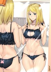 1girl artist_name ashiomi_masato ass back bare_shoulders black_bra black_panties blonde_hair blue_eyes bra breasts breath butt_crack cat_cutout cat_ear_panties cat_lingerie cleavage cleavage_cutout closed_mouth clothing_cutout collarbone cowboy_shot dimples_of_venus frilled_bra frills gluteal_fold groin guilty_gear guilty_gear_xrd hair_ornament hands_on_own_chest hands_up huge_ass indoors lingerie long_hair looking_at_mirror medium_breasts medium_hair meme_attire millia_rage mirror navel panties parted_bangs reflection shoulder_blades side-tie_panties smile solo stomach thigh_gap underwear underwear_only rating:Sensitive score:92 user:danbooru