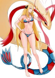  1girl absurdres alternate_costume aqua_bikini barefoot bikini blonde_hair breasts closed_mouth commentary_request creatures_(company) cynthia_(pokemon) feet game_freak gen_3_pokemon grey_eyes hair_ornament hair_over_one_eye hand_on_own_hip hand_up highres kashumashux51 knees legs long_hair md5_mismatch medium_breasts milotic navel nintendo pokemon pokemon_(creature) pokemon_dppt revision simple_background smile strap_slip swimsuit toes very_long_hair white_background 