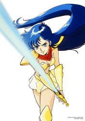  1980s_(style) 1989 1girl armor armored_boots asou_yuuko bikini blue_eyes blue_hair boots bracer company_name copyright_notice floating_hair highres holding holding_sword holding_weapon long_hair miniskirt mugen_senshi_valis non-web_source official_art oldschool pauldrons red_scarf retro_artstyle scarf shoulder_armor simple_background skirt solo strapless strapless_bikini swimsuit sword two-handed valis very_long_hair weapon white_background yellow_skirt 