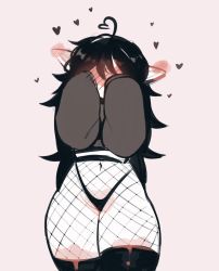  black_hair blush covering_face fishnets highres long_hair long_sleeves mistysnugglebug panties pointy_ears sweater thick_thighs thighhighs thighs underwear  rating:Questionable score:42 user:danbooru