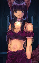 1girl absurdres animal_ears bow breasts cleavage commentary cowboy_shot derivative_work detached_sleeves english_commentary fujiwara_zakuro gloves highres inkfy long_hair magical_girl making-of_available mew_zakuro midriff navel pendant_choker puffy_detached_sleeves puffy_sleeves purple_eyes purple_gloves purple_hair purple_shorts purple_sleeves purple_tube_top screenshot_redraw shorts solo strapless tail tokyo_mew_mew tube_top wolf_ears wolf_girl wolf_tail