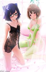  2girls a-chan_(hololive) bed black_nightgown black_panties blue_eyes blue_hair blush bow bra breasts brown_eyes brown_hair cleavage collarbone elbow_gloves ex_idol flat_chest glasses gloves green_bra green_panties green_thighhighs hair_bow harusaki_nodoka highres hololive lingerie looking_at_viewer medium_breasts multiple_girls nightgown panties parted_lips petals pillow short_hair sitting thighhighs twitter_username underwear underwear_only virtual_youtuber  rating:Sensitive score:57 user:danbooru